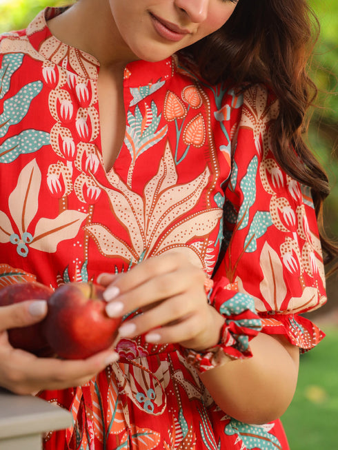 Women Floral Print Puff Sleeve Pure Cotton Fit & Flare Midi Dress